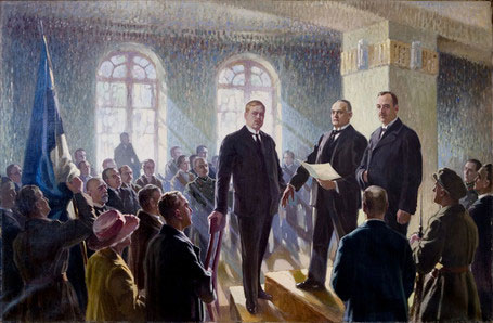 Päästekomitee.jpg: Eestimaa Päästekomitee liikmed Jüri Vilms, Konstantin Päts ja Konstantin Konik Maximilian Maksolly maalil «Eesti Vabariigi väljakuulutamine». Foto: Repro
